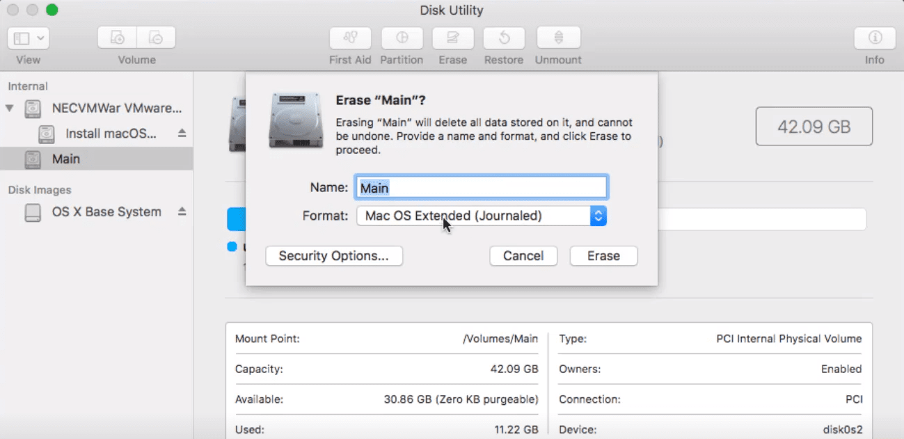 MacOS First Aid Disk Ulitity Erase