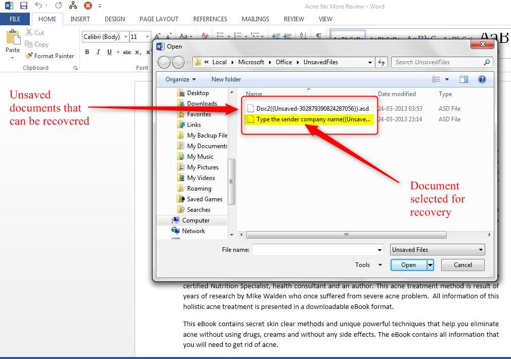 how to recover files from word unsaved word