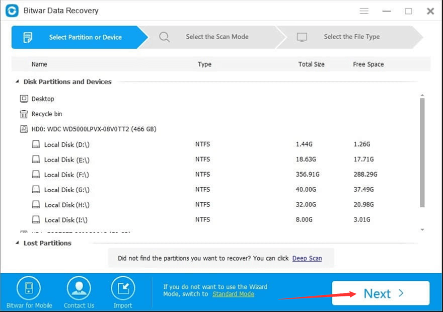 Choose the formatted partition