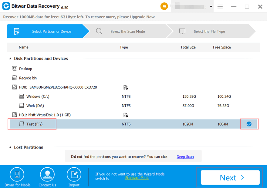 Select the partitions and devices